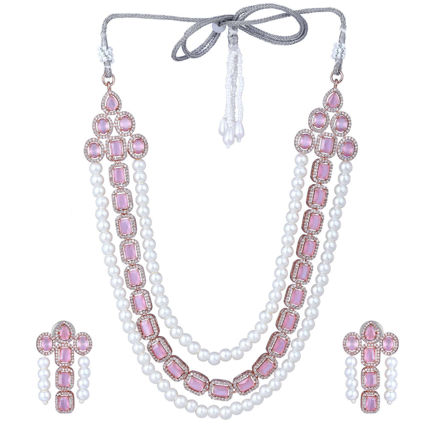 Estele Rose Gold Plated CZ Captivating 3-Layered Necklace Set with Mint Pink Stones & Pearls for Women