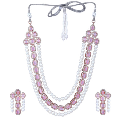 Estele Rose Gold Plated CZ Captivating 3-Layered Necklace Set with Mint Pink Stones & Pearls for Women