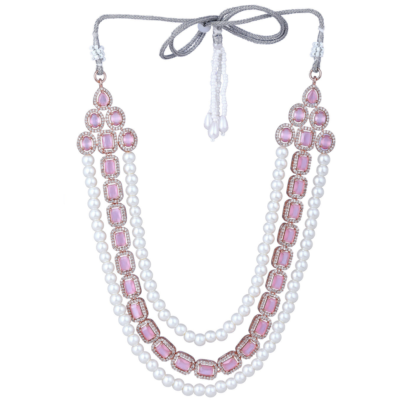 Estele Rose Gold Plated CZ Captivating 3-Layered Necklace Set with Mint Pink Stones & Pearls for Women