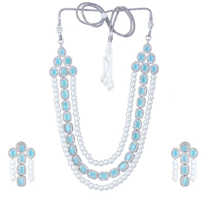 Estele Rhodium Plated CZ Captivating Triple-Layered Necklace Set with Mint Green Stones & Pearls for Women