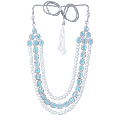 Estele Rhodium Plated CZ Captivating Triple-Layered Necklace Set with Mint Green Stones & Pearls for Women