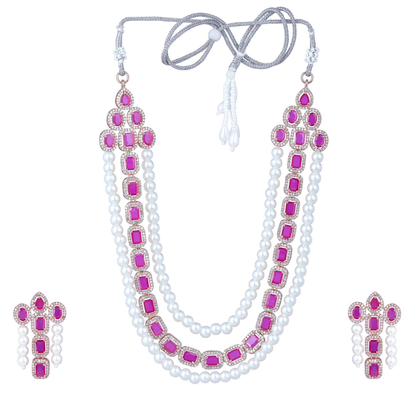 Estele Rose Gold Plated CZ Captivating 3-Layered Necklace Set with Ruby Stones & Pearls for Women