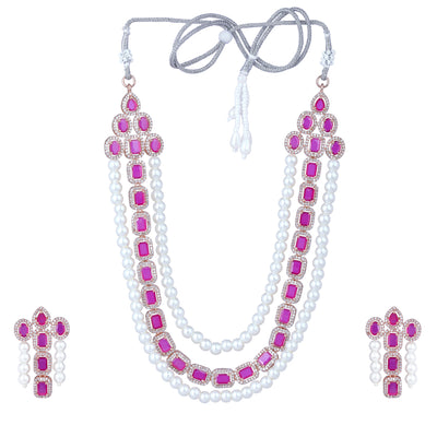 Estele Rose Gold Plated CZ Captivating 3-Layered Necklace Set with Ruby Stones & Pearls for Women