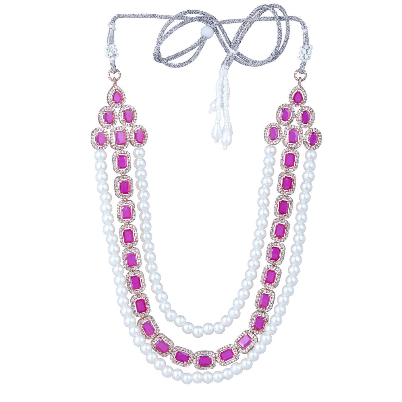 Estele Rose Gold Plated CZ Captivating 3-Layered Necklace Set with Ruby Stones & Pearls for Women