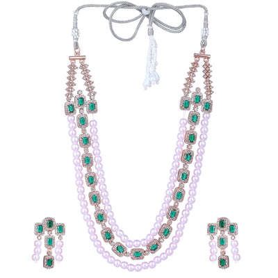 Estele Rose Gold Plated CZ Gorgeous 3-Layered Necklace Set with Green Stones & Pearls for Women