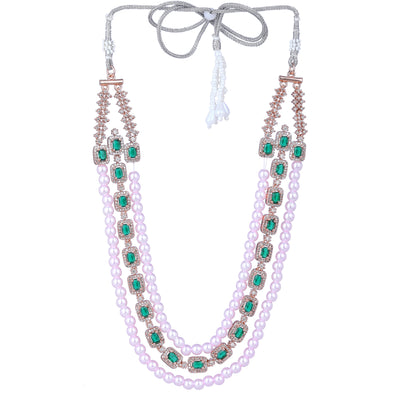 Estele Rose Gold Plated CZ Gorgeous 3-Layered Necklace Set with Green Stones & Pearls for Women