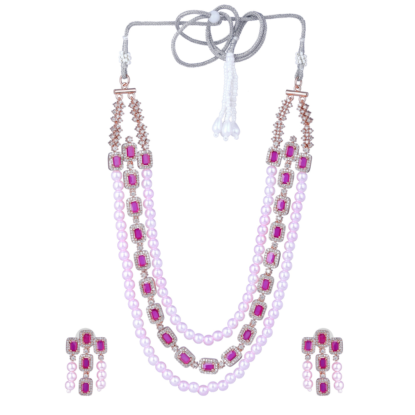 Estele Rose Gold Plated CZ Gorgeous 3-Layered Necklace Set with Ruby Stones & Pearls for Women