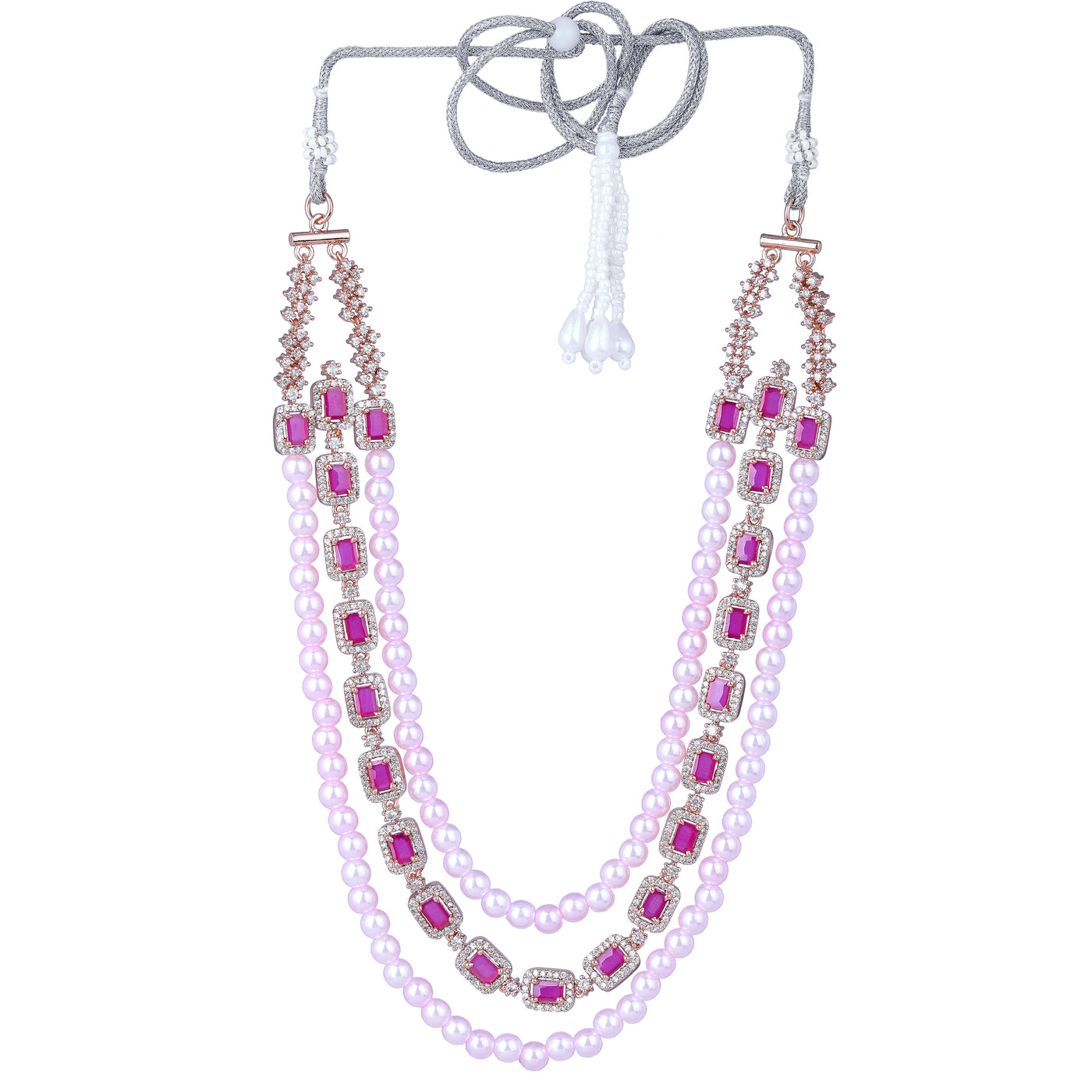 Estele Rose Gold Plated CZ Gorgeous 3-Layered Necklace Set with Ruby Stones & Pearls for Women