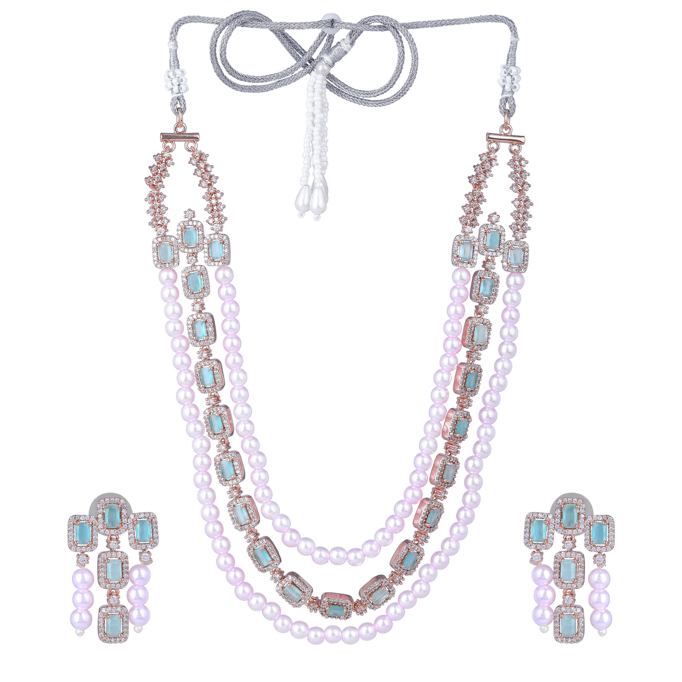 Estele Rose Gold Plated CZ Gorgeous 3-Layered Necklace Set with Mint Green Stones & Pearls for Women