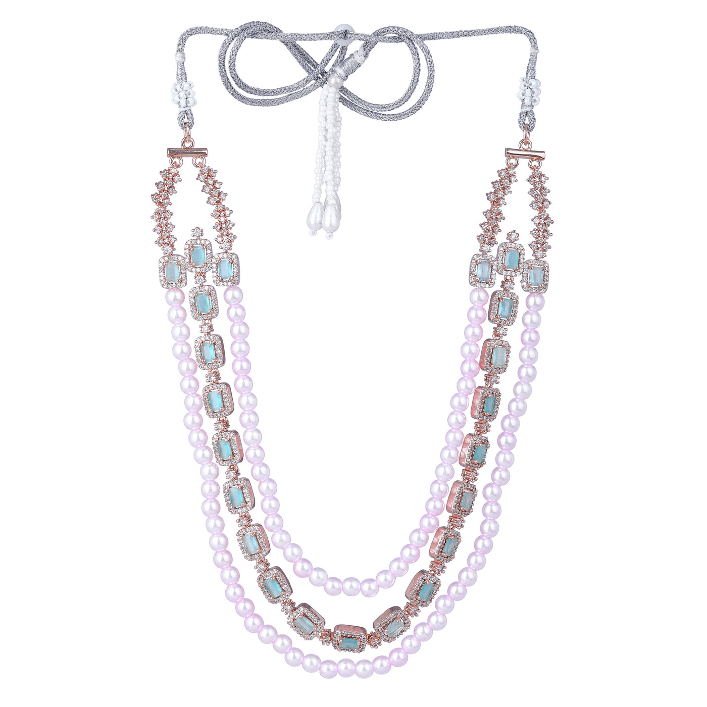 Estele Rose Gold Plated CZ Gorgeous 3-Layered Necklace Set with Mint Green Stones & Pearls for Women