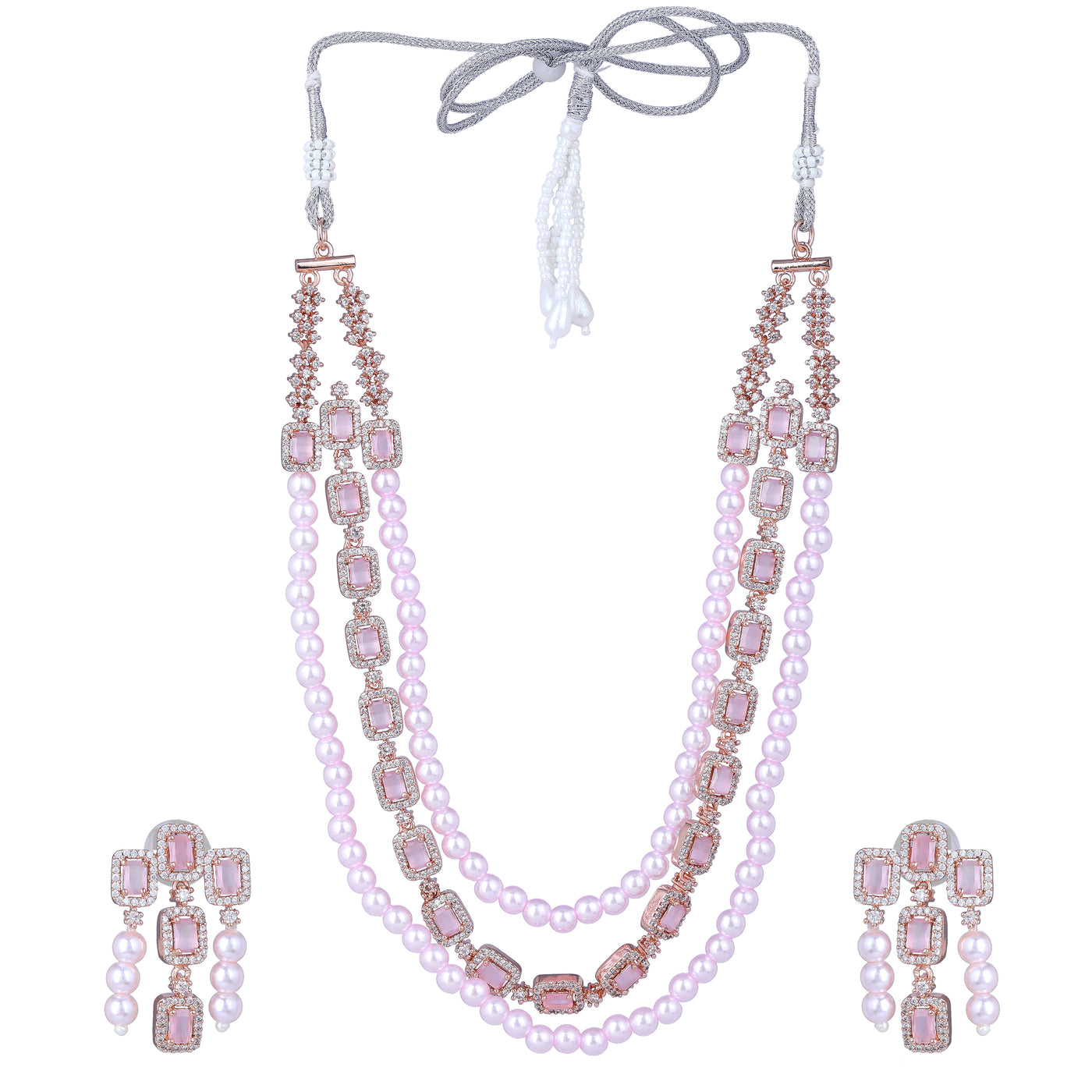 Estele Rose Gold Plated CZ Gorgeous 3-Layered Necklace Set with Mint Pink Stones & Pearls for Women