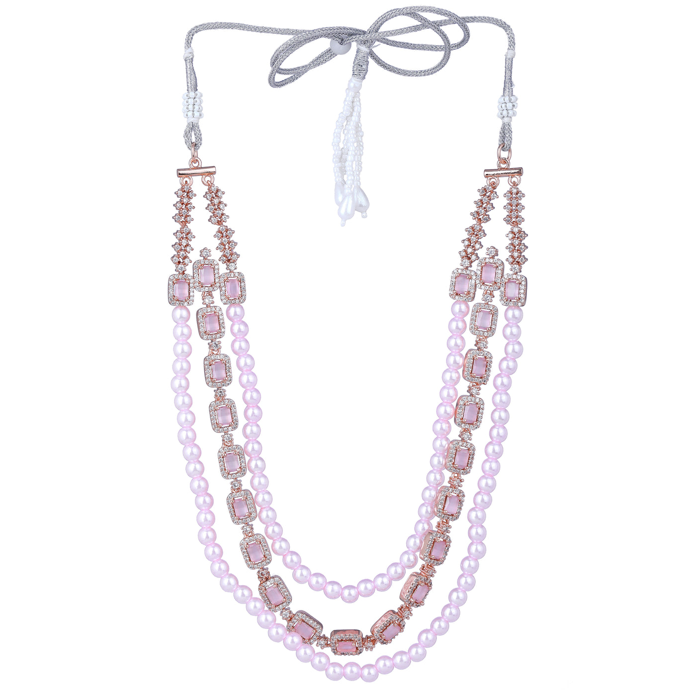 Estele Rose Gold Plated CZ Gorgeous 3-Layered Necklace Set with Mint Pink Stones & Pearls for Women