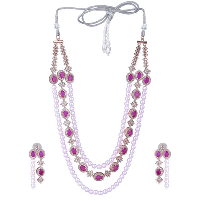 Estele Rose Gold Plated CZ Fascinating Triple-Layered Necklace Set with Ruby Stones & Pearls for Women