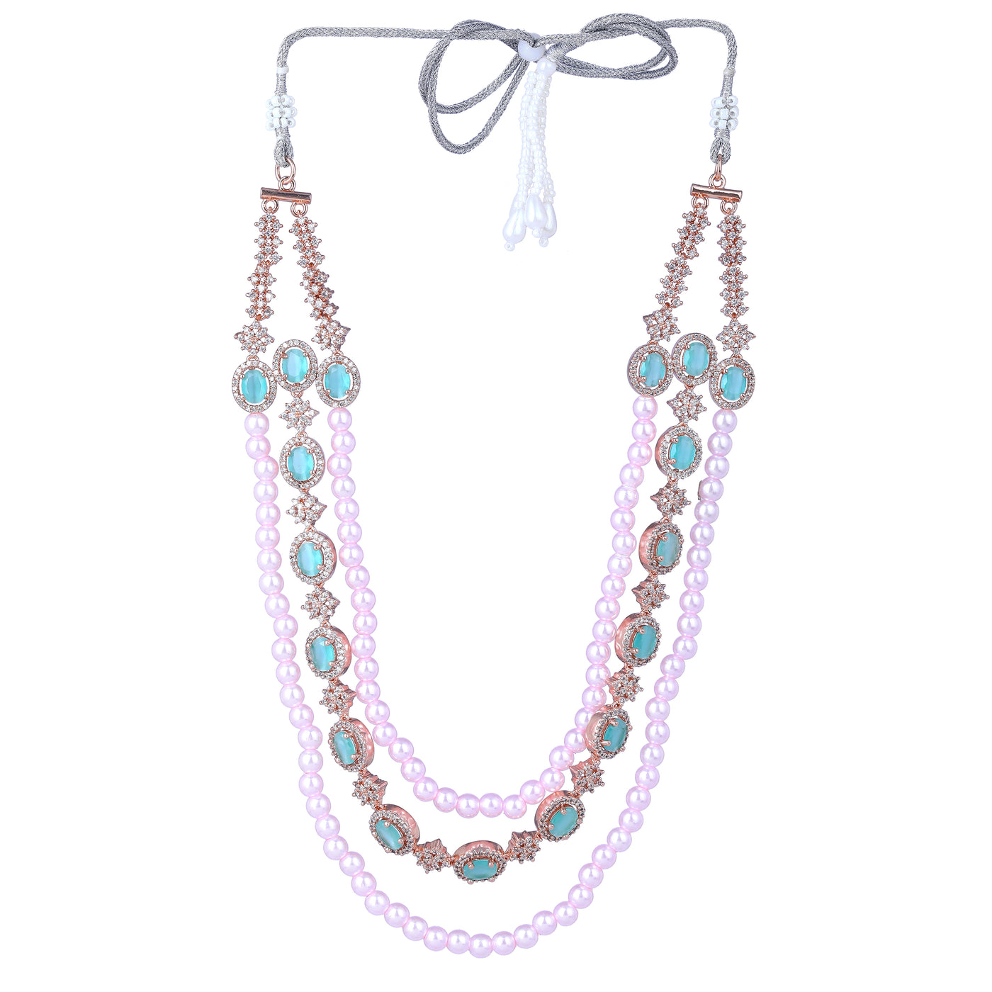 Estele Rose Gold Plated CZ Fascinating Triple-Layered Necklace Set with Mint Green Stones & Pearls for Women