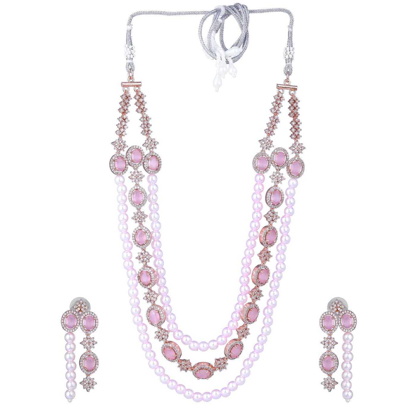 Estele Rose Gold Plated CZ Fascinating Triple-Layered Necklace Set with Mint Pink Stones & Pearls for Women