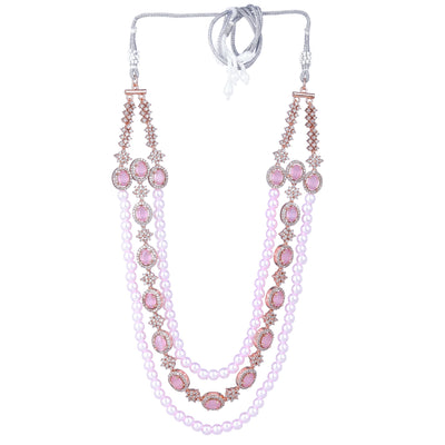 Estele Rose Gold Plated CZ Fascinating Triple-Layered Necklace Set with Mint Pink Stones & Pearls for Women