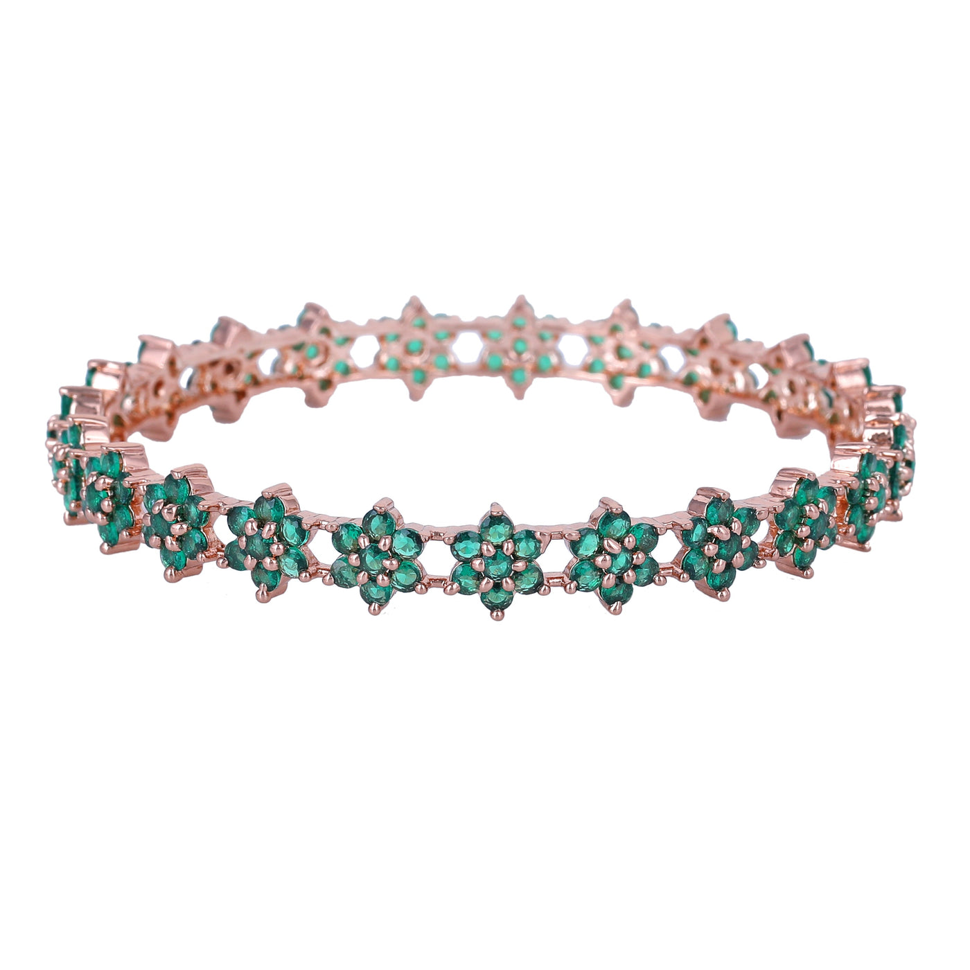 Estele Rose Gold Plated CZ Floral Bangles with Green Stones for Women