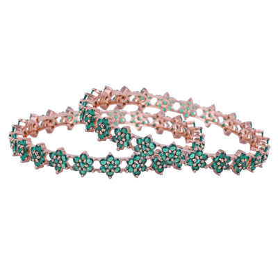 Estele Rose Gold Plated CZ Floral Bangles with Green Stones for Women