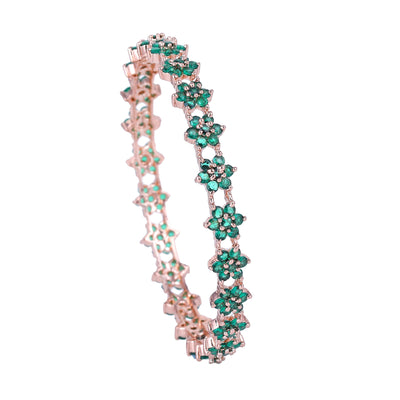 Estele Rose Gold Plated CZ Floral Bangles with Green Stones for Women