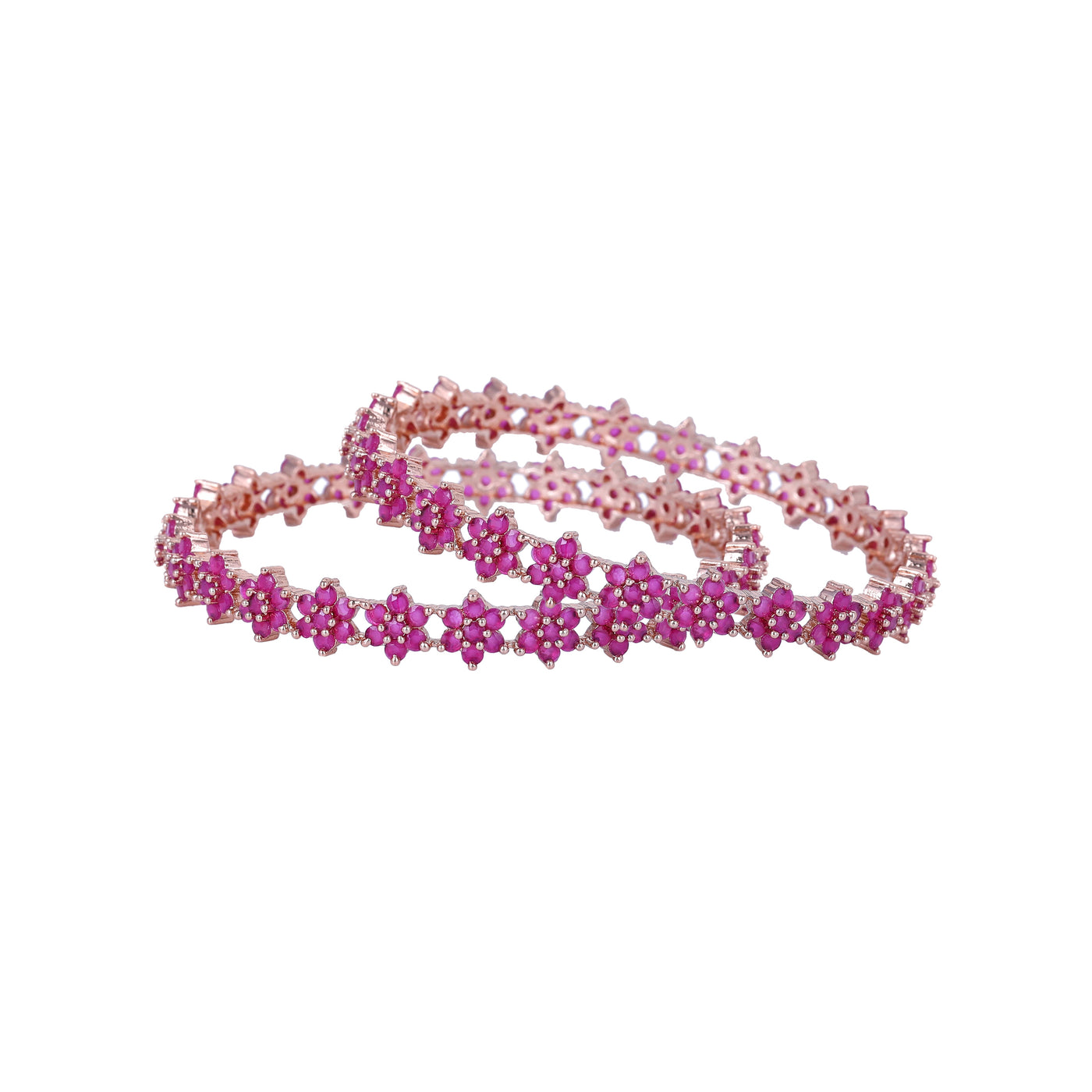 Estele Rose Gold Plated CZ Floral Bangles with Ruby Stones for Women