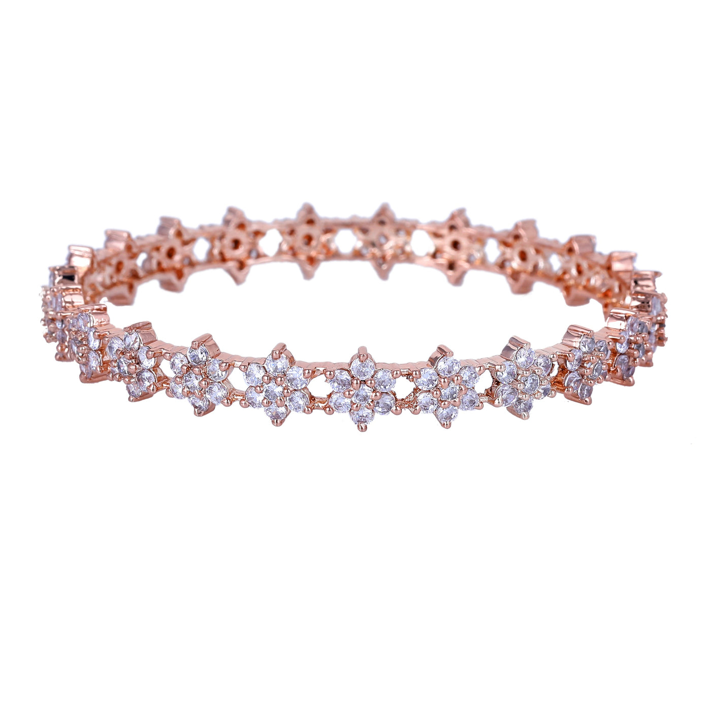 Estele Rose Gold Plated CZ Floral Bangles with White Stones for Women