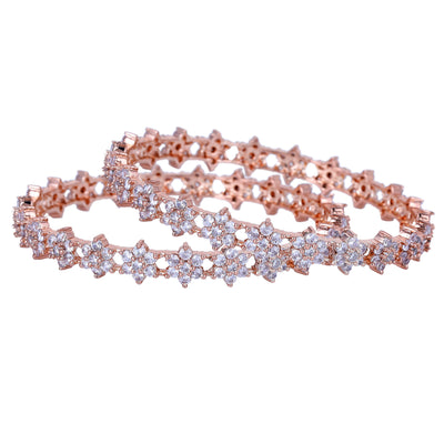 Estele Rose Gold Plated CZ Floral Bangles with White Stones for Women