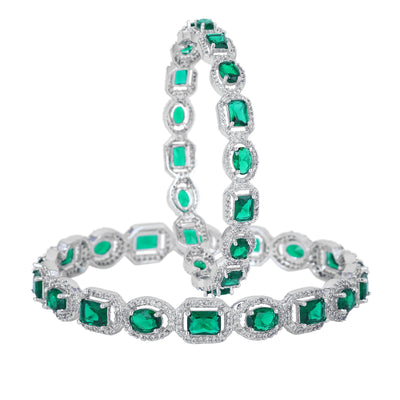 Estele Rhodium Plated CZ Sparkling Bangles with Green Stones for Women