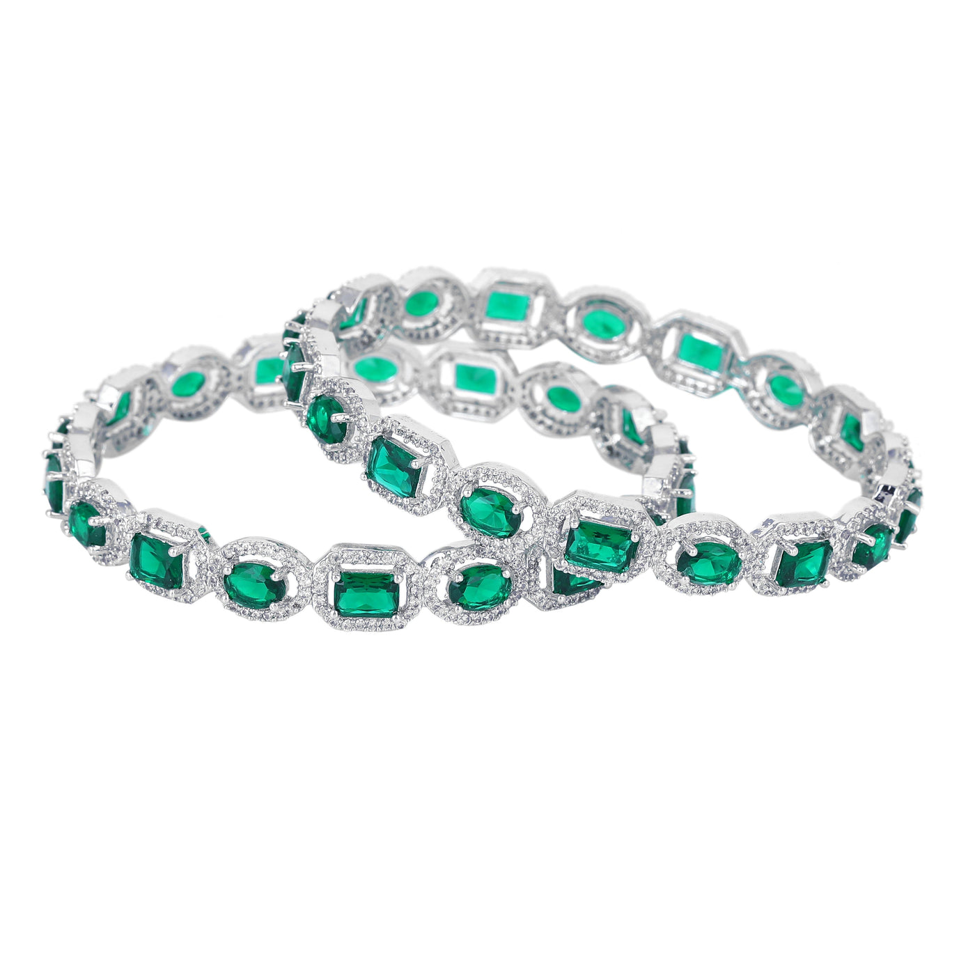 Estele Rhodium Plated CZ Sparkling Bangles with Green Stones for Women