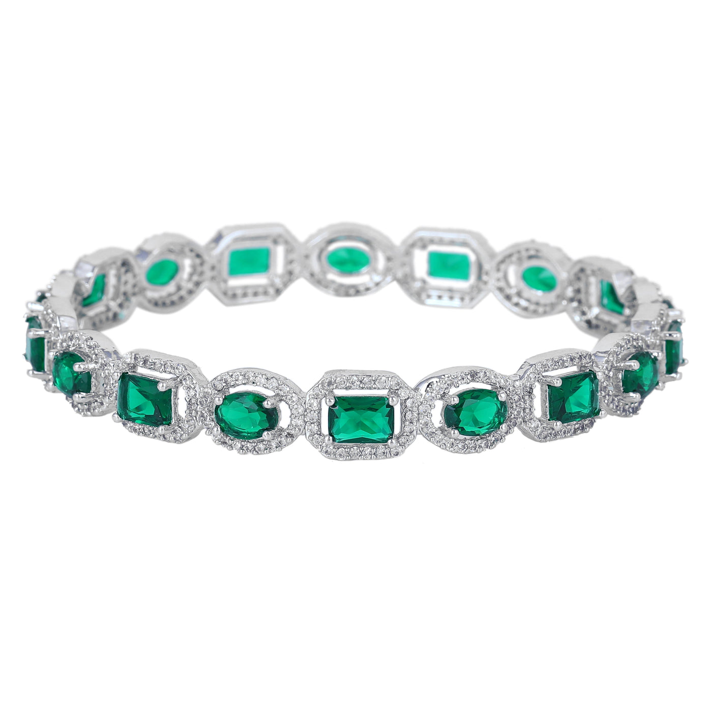 Estele Rhodium Plated CZ Sparkling Bangles with Green Stones for Women