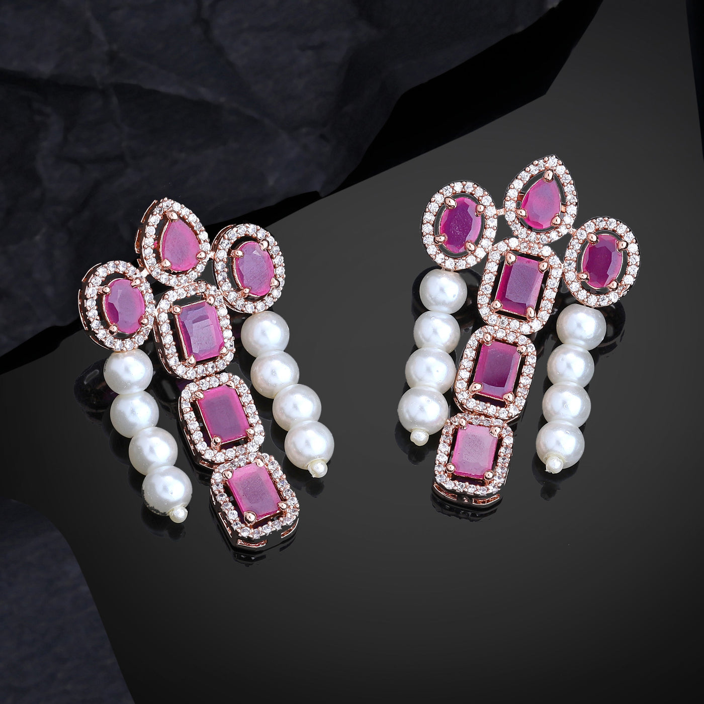 Estele Rose Gold Plated CZ Astonishing Drop Earrings with Ruby Stones & Pearls for Women