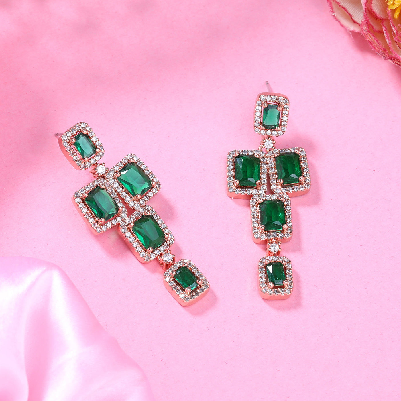 Estele Rose Gold Plated CZ Dazzling Earrings with Green Stones for Women