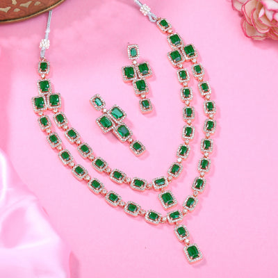 Estele Rose Gold Plated CZ Ravishing Double Line Necklace Set with Green Stones for Women