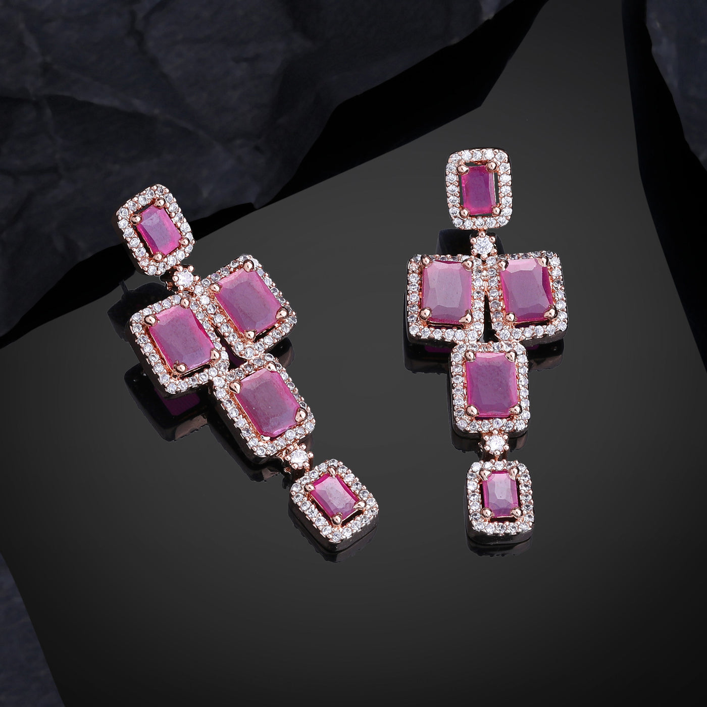 Estele Rose Gold Plated CZ Dazzling Earrings with Ruby Stones for Women