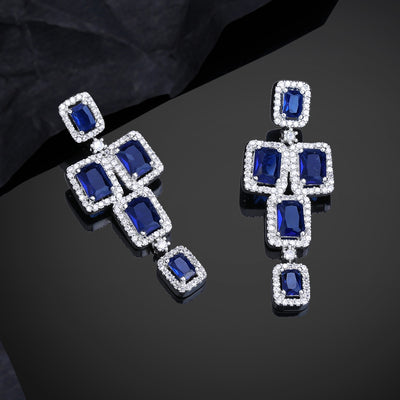 Estele Rhodium Plated CZ Dazzling Earrings with Blue Stones for Women