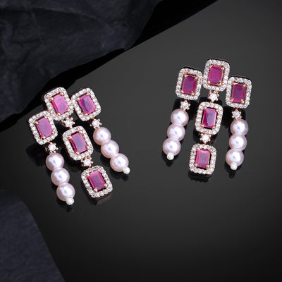 Estele Rose Gold Plated CZ Shimmering Earrings with Ruby Stones & Pearls for Women