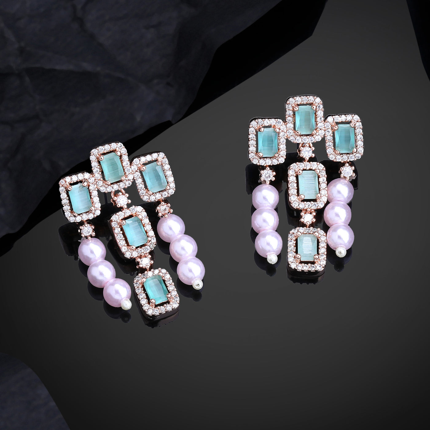 Estele Rose Gold Plated CZ Shimmering Earrings with Mint Green Stones & Pearls for Women