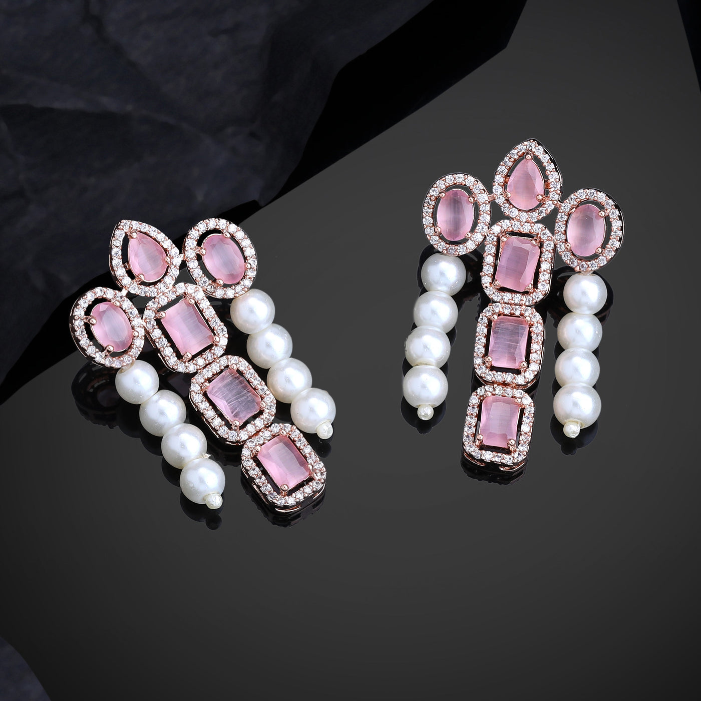 Estele Rose Gold Plated CZ Astonishing Drop Earrings with Mint Pink Stones & Pearls for Women