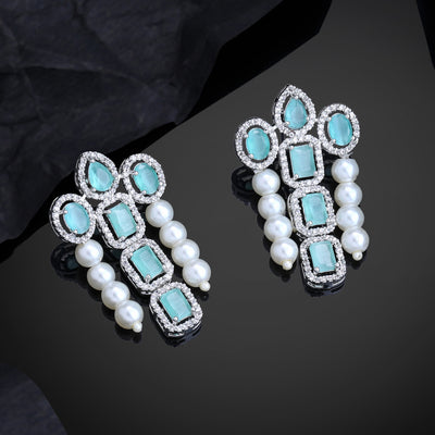 Estele Rhodium Plated CZ Astonishing Drop Earrings with Mint Green Stones & Pearls for Women