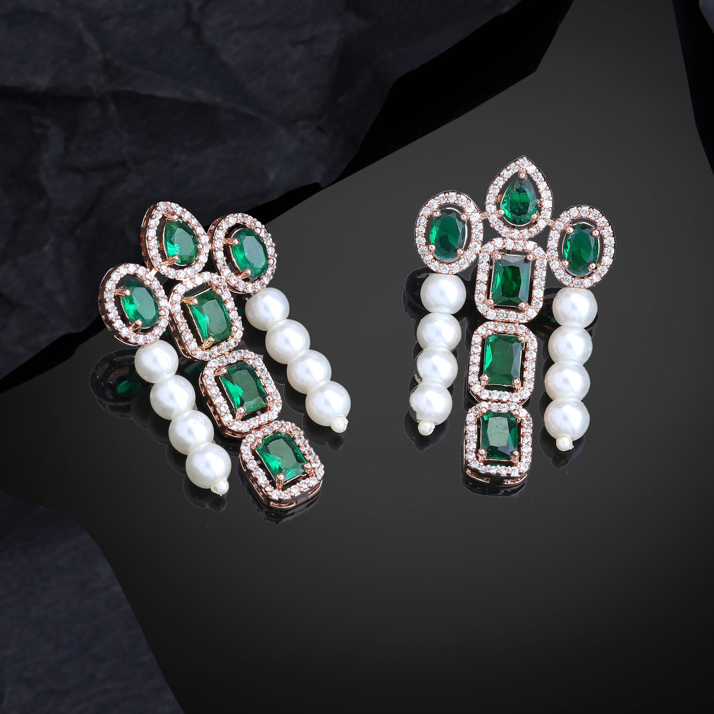 Estele Rose Gold Plated CZ Astonishing Drop Earrings with Green Stones & Pearls for Women