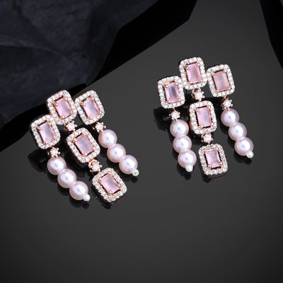 Estele Rose Gold Plated CZ Shimmering Earrings with Mint Pink Stones & Pearls for Women