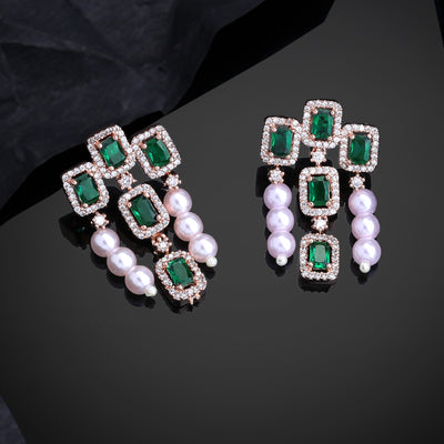 Estele Rose Gold Plated CZ Shimmering Earrings with Green Stones & Pearls for Women