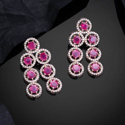 Estele Rose Gold Plated CZ Splendid Drop Earrings with Ruby Stones for Women