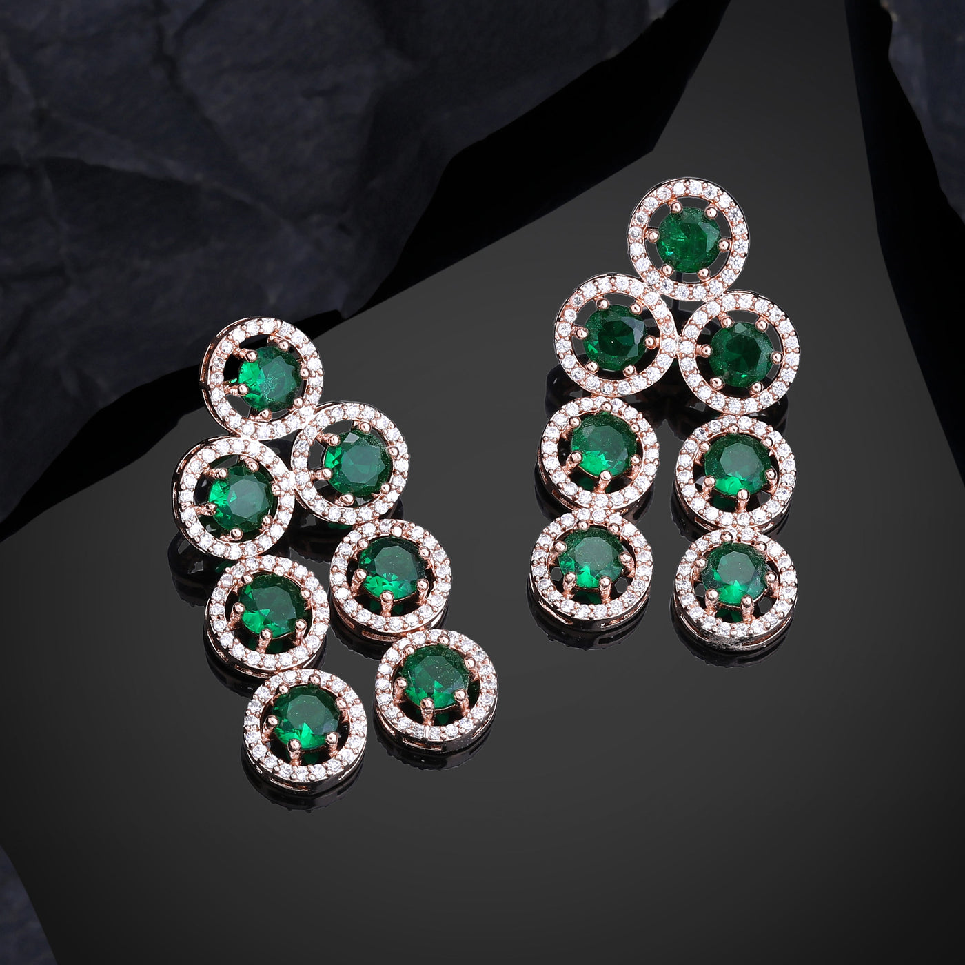 Estele Rose Gold Plated CZ Splendid Drop & Dangle Earrings with Green Stones for Women