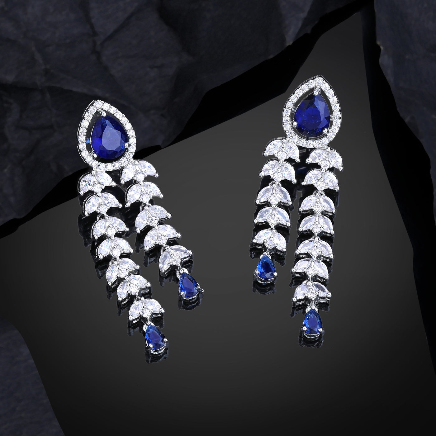 Estele Rhodium Plated CZ Glimmering Earrings with Blue Stones for Women