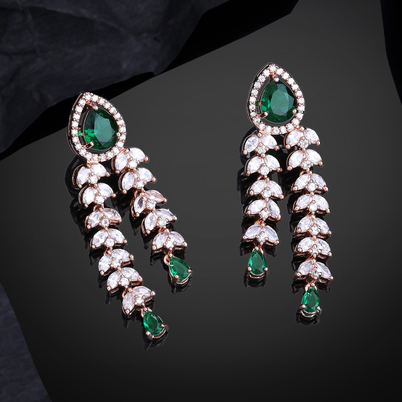 Estele Rose Gold Plated CZ Glimmering Earrings with Green Stones for Women