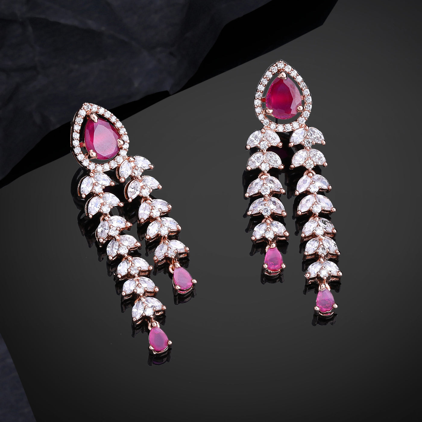 Estele Rose Gold Plated CZ Glimmering Earrings with Ruby Stones for Women