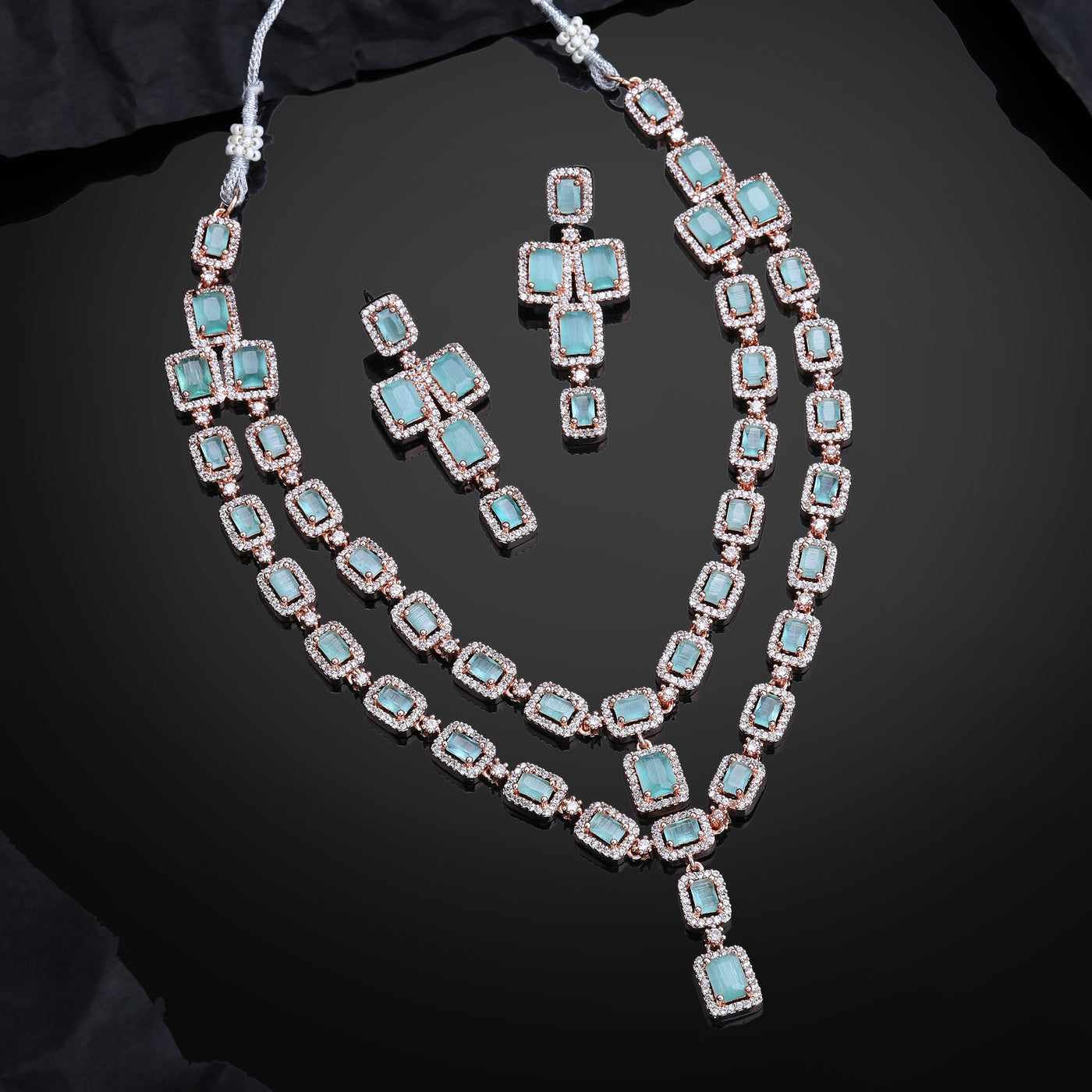 Estele Rose Gold Plated CZ Ravishing Double Line Necklace Set with Mint Green Stones for Women