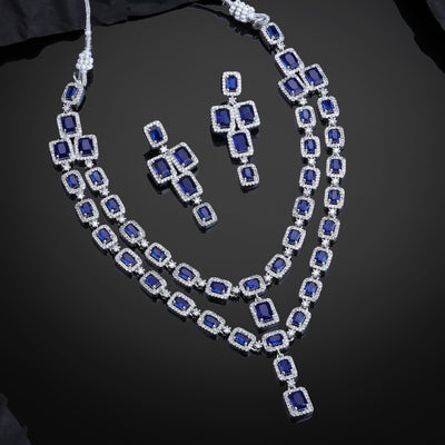 Estele Rhodium Plated CZ Ravishing Two Line Necklace Set with Blue Stones for Women