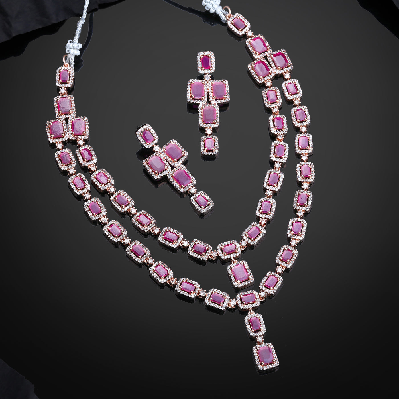 Estele Rose Gold Plated CZ Ravishing Double Line Necklace Set with Ruby Stones for Women