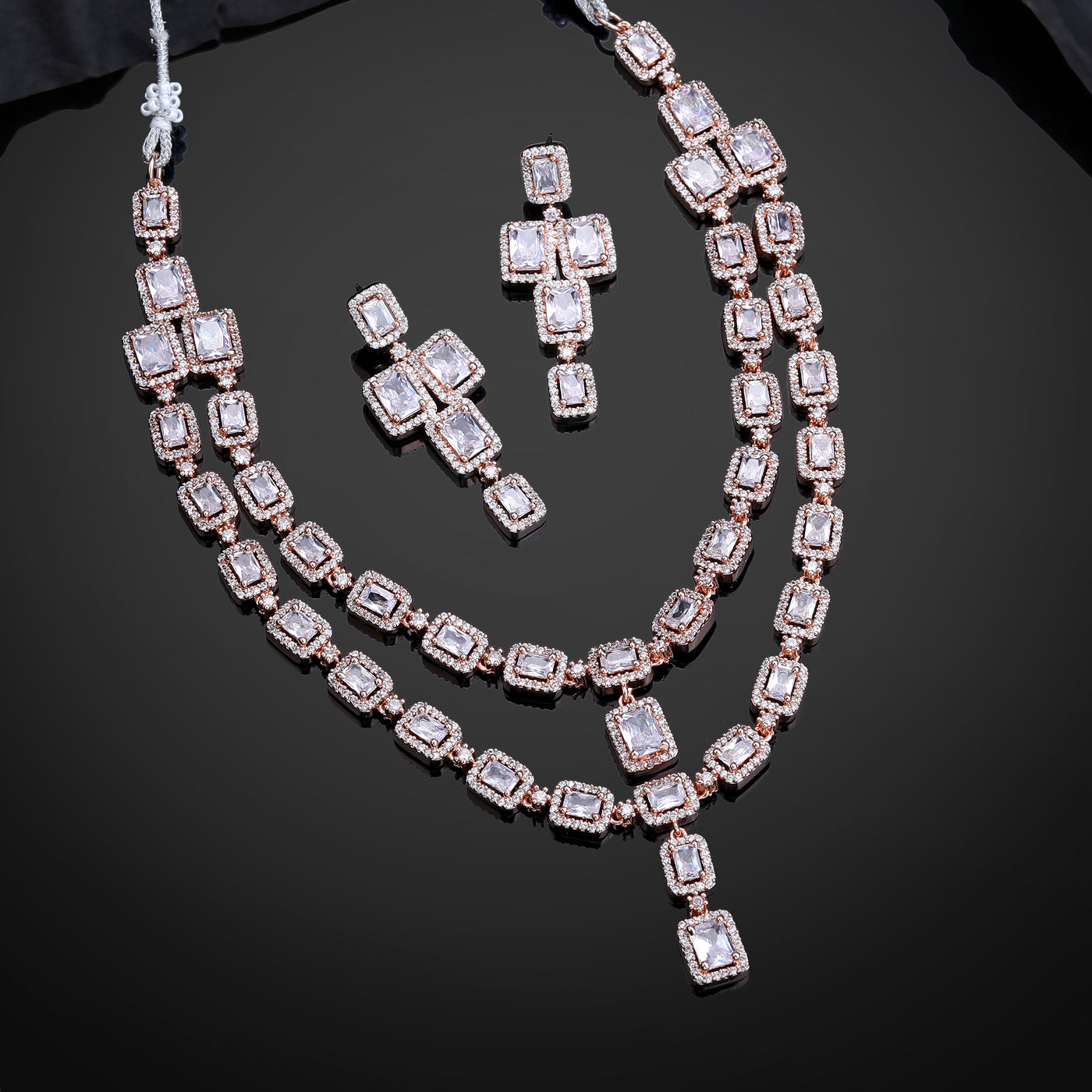 Estele Rose Gold Plated CZ Ravishing Double Line Necklace Set with White Stones for Women